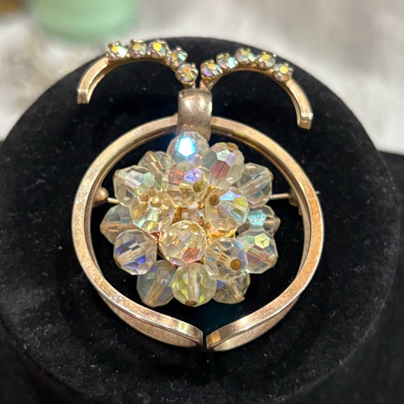 Vintage Two Tone Blue Aurora Borealis Rhinestone Brooch, MCM Circular Pin main image 1